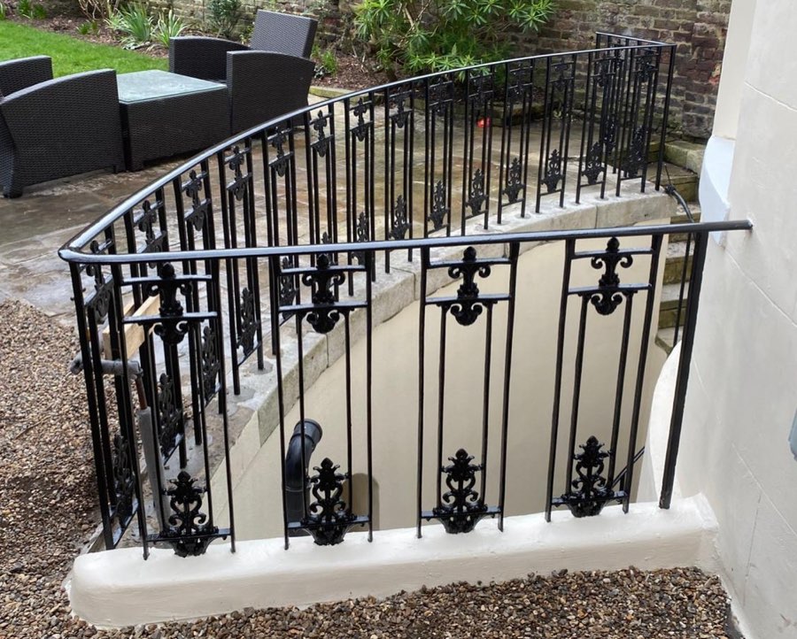 New ornate cast iron balustrade railings to a Grade II listed Georgian property, Greenwich SE10